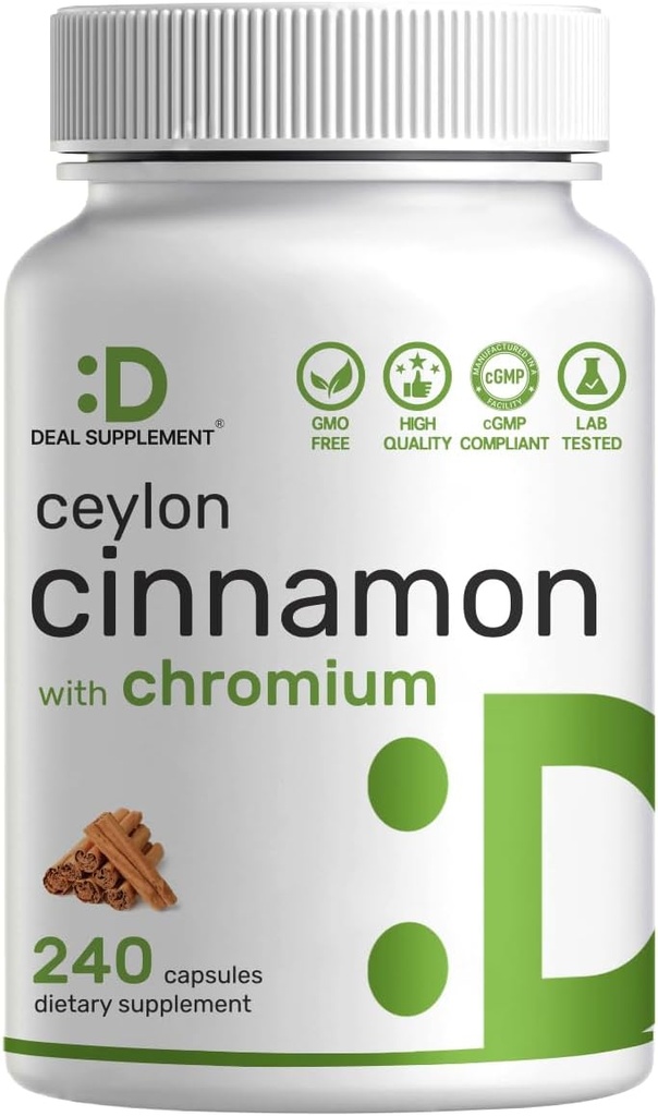 Ceylon Cinnamon with Chromium 1000mcg, 240 Capsules | Active Inner Bark Extract, True Sri Lanka Source | Natural Cinnamon Supplements