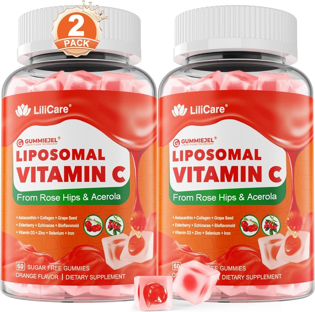 Liposomal Vitamina C 1000mg Gummies llenas para adultos &amp; niños 9+, 1660mg Blend w/Echinacea, Elderberry, D3, Zinc, Iron, Bioflavonoid, Astaxanthin, Natural Organic Chewable Vitamin C, Sugar Gratis, 2Pack
