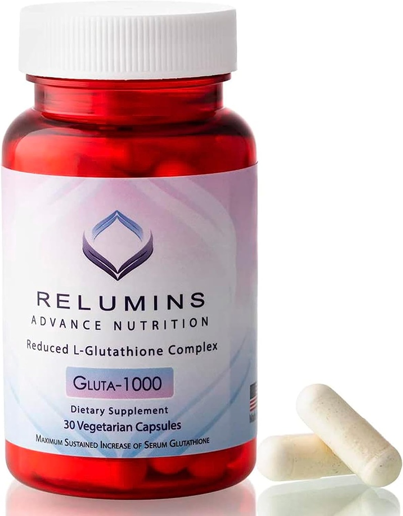 Reluminas Advance Nutrition Gluta 1000 - Reducido L-Glutathione, Alfa Lipoic Acid &amp; Rose HIPS, Antioxidant Support for Skin &amp; General Wellness, Made in USA - 30 Capsules (15-Day Supply)