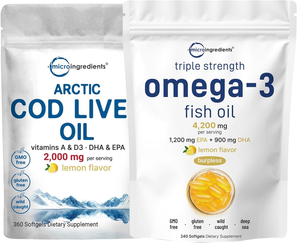 Triple Strength Omega 3 Fish Oil Supplements 4200mg Per Serving & Cod Liver Oil 2,000mg Per Serving, 360 Softgels | Lemon Flavored – Burpless – Wild Caught – Arctic Deep Sea Fish