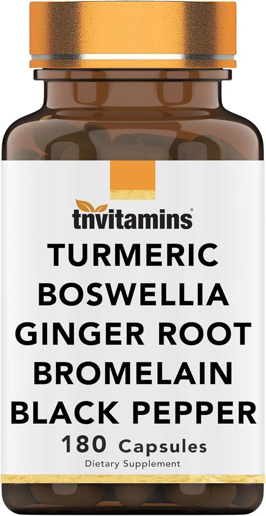 tnvitamins Turmeric " Complejo Boswellia (180 cápsulas) con Ginger Root, Bromelain, " Black Pepper Extract ← Joint-Ease Fórmula: Powerful Joint Support Suplemento* Silencio producido en EE.UU.