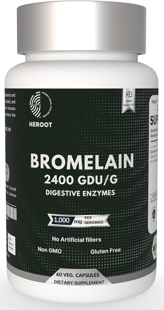 Bromelain 500mg ← 60 cápsulas basadas en plantas ← 2400 GDU Potency ← Apoya la salud conjunta y la digestión Silencio sin preservadores o aditivos artificiales