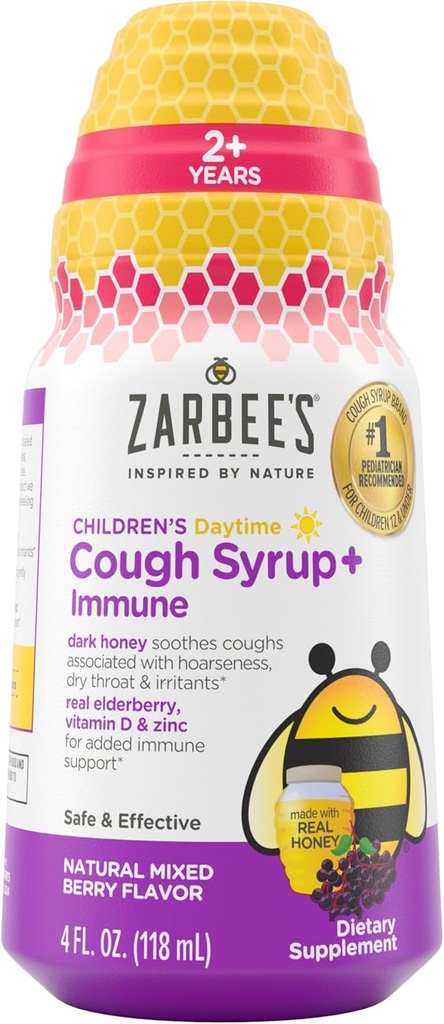 Zarbee's Children's Daytime Honey Cough Syrup + Immune for Kids 2+, Cough Syrup with Soothing Dark Honey, Real Elderberry, Vitamin D & Zinc, Drug &amp; Alcohol-Free, Mixed Berry, 4 fl. oz