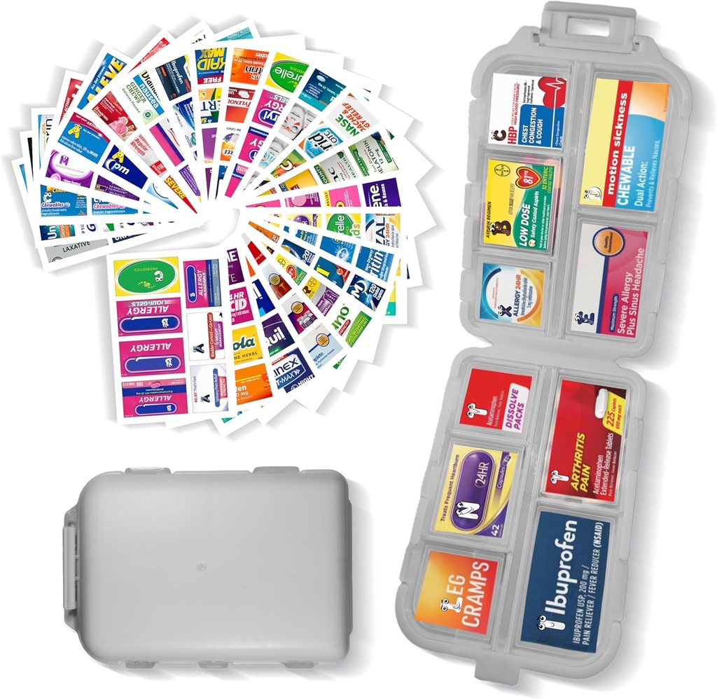 Pill Organizer with Medicine Labels 161 Labels Travel Daily Pill Container Mini Medication Organizer Storage Pill Organizer Travel Essentials Pill Case 7 Day (Grey, 1 Pack)