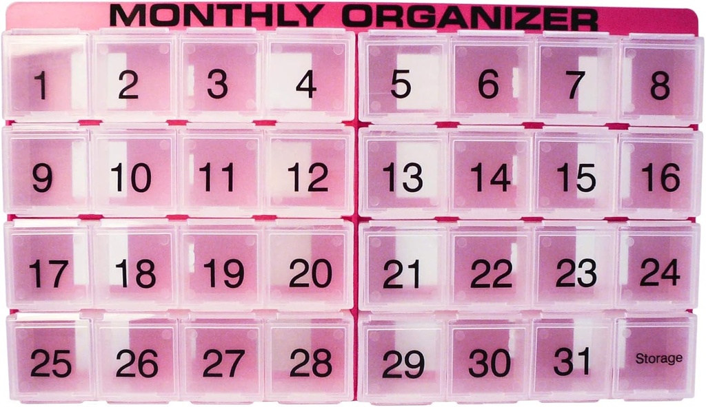 31 Day Pill Organizer Silencio 1 per Day, 4 Week, 31 Compartments + Storage Monthly Pill Organizer ¦ Incluye Tray y 8 compartimentos extraíbles