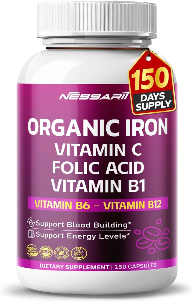 Hierro orgánico de alta potencia con vitamina C, ácido fólico - Fórmula de alta absorción Vitamina B1, Vitamina B6, Vitamina B12 - Soporte Sangre Edificio - 150 Conde - Hecho &amp; Tested in The USA
