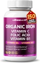 Organic Iron High Potency with Vitamin C, Folic Acid - High-Absorption Formula Vitamin B1, Vitamin B6, Vitamin B12 - Support Blood Building - 150 Count - Made & Tested in The USA