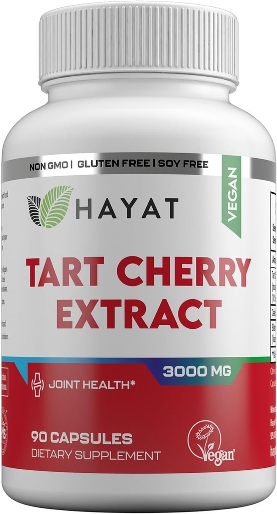 HAYAT Vitaminas Vegan Natural Tart Cherry Extracto 3000 MG, 3 Month Supply, Potent 10:1 Extracto, Todo Natural, Certified Halal, 90 cápsulas,