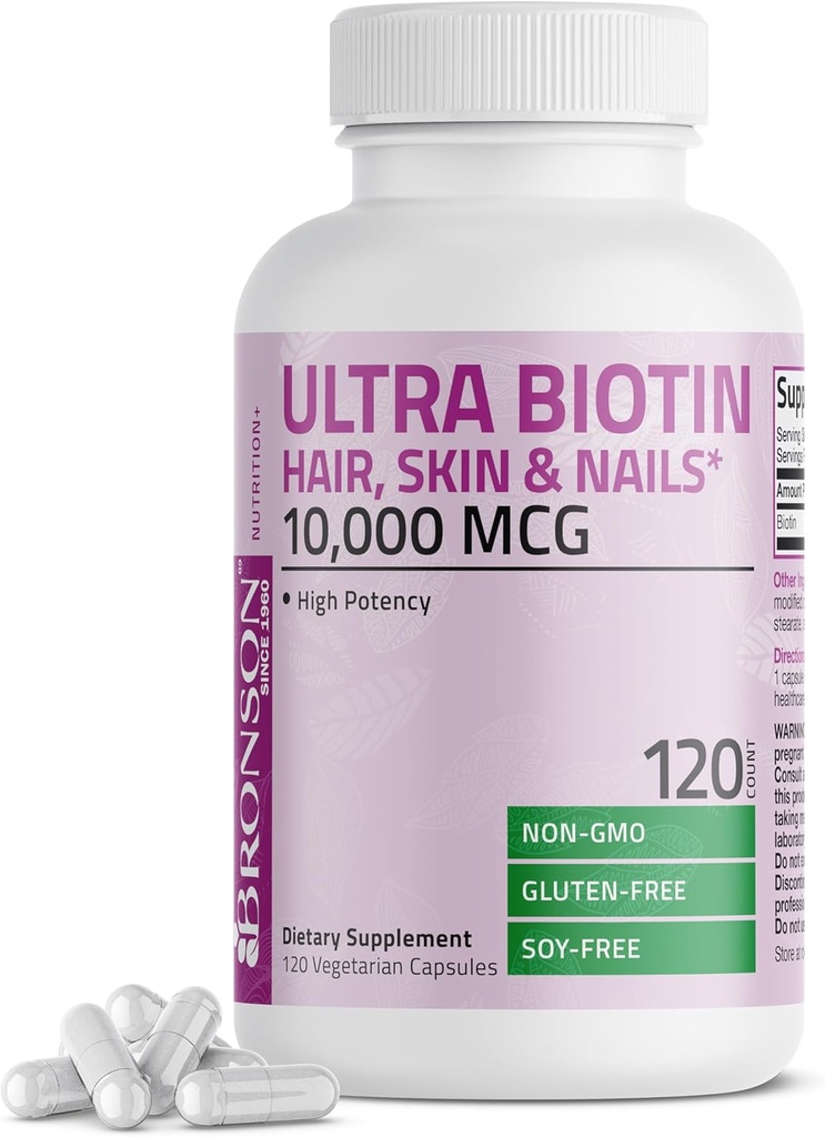 Bronson Ultra Biotina 10,000 Mcg Hair Skin and Nails Suplemento, Non-GMO, 120 Vegetarian Capsules