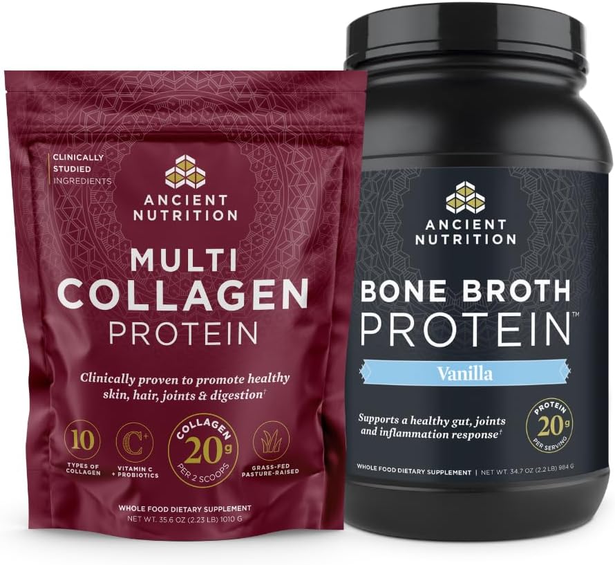 Antigua Nutrición Multi Collagen Proteína Polvo, Desarrollado, 100 Serviciones + Bono Broth Protein Polvo, Vainilla, 40 Servimientos