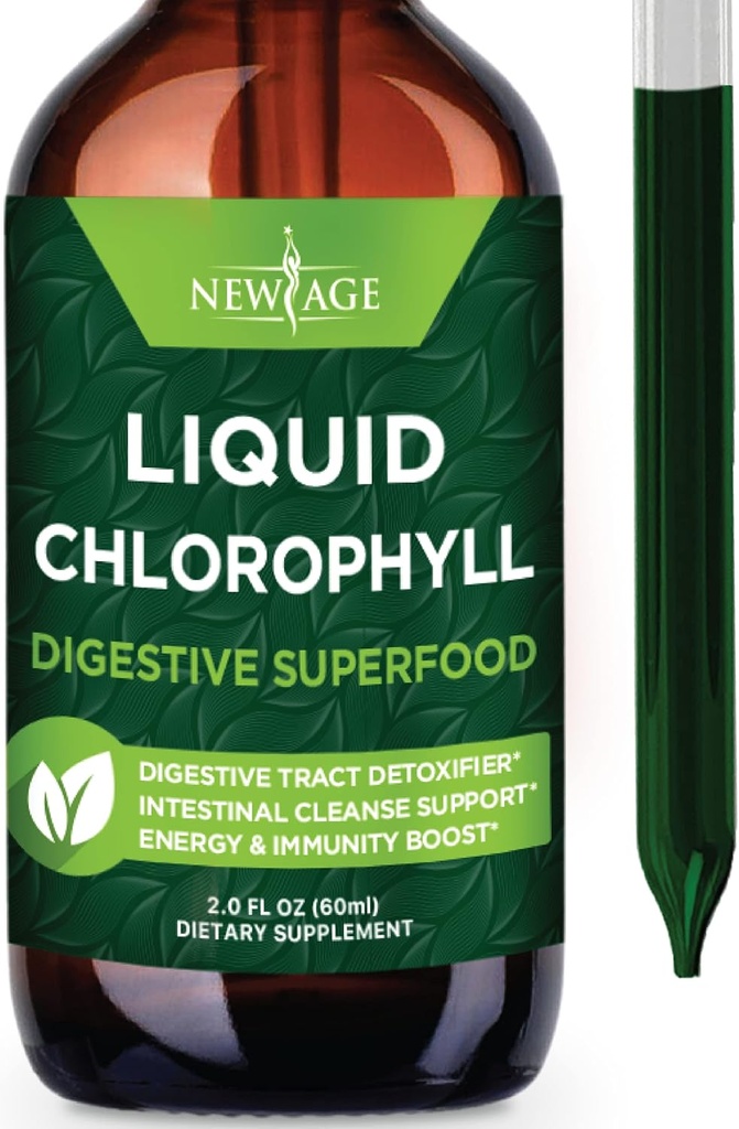 NUEVO AGE Chlorophyll Liquid Drops - Concentrado natural – Energy Booster, Digestion and Immune System Supports, Desodorante interno, Función del hígado - (2 Fl Oz (Pack of 1))