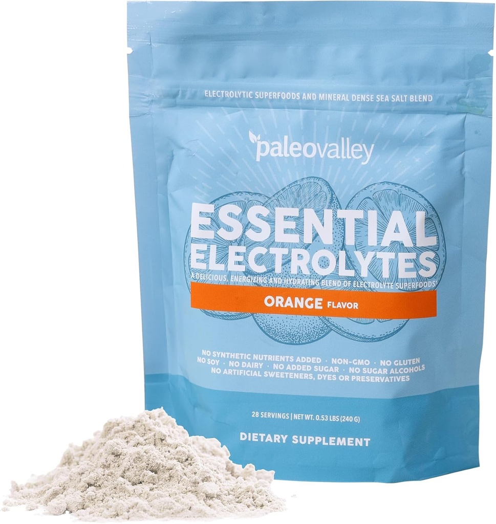 Paleovalley Electrolitos Esenciales Polvo - Full Spectrum Orange Electrolyte Polvo para la hidratación, energía y recuperación muscular - No azúcar Añadido - 28 Serviciones