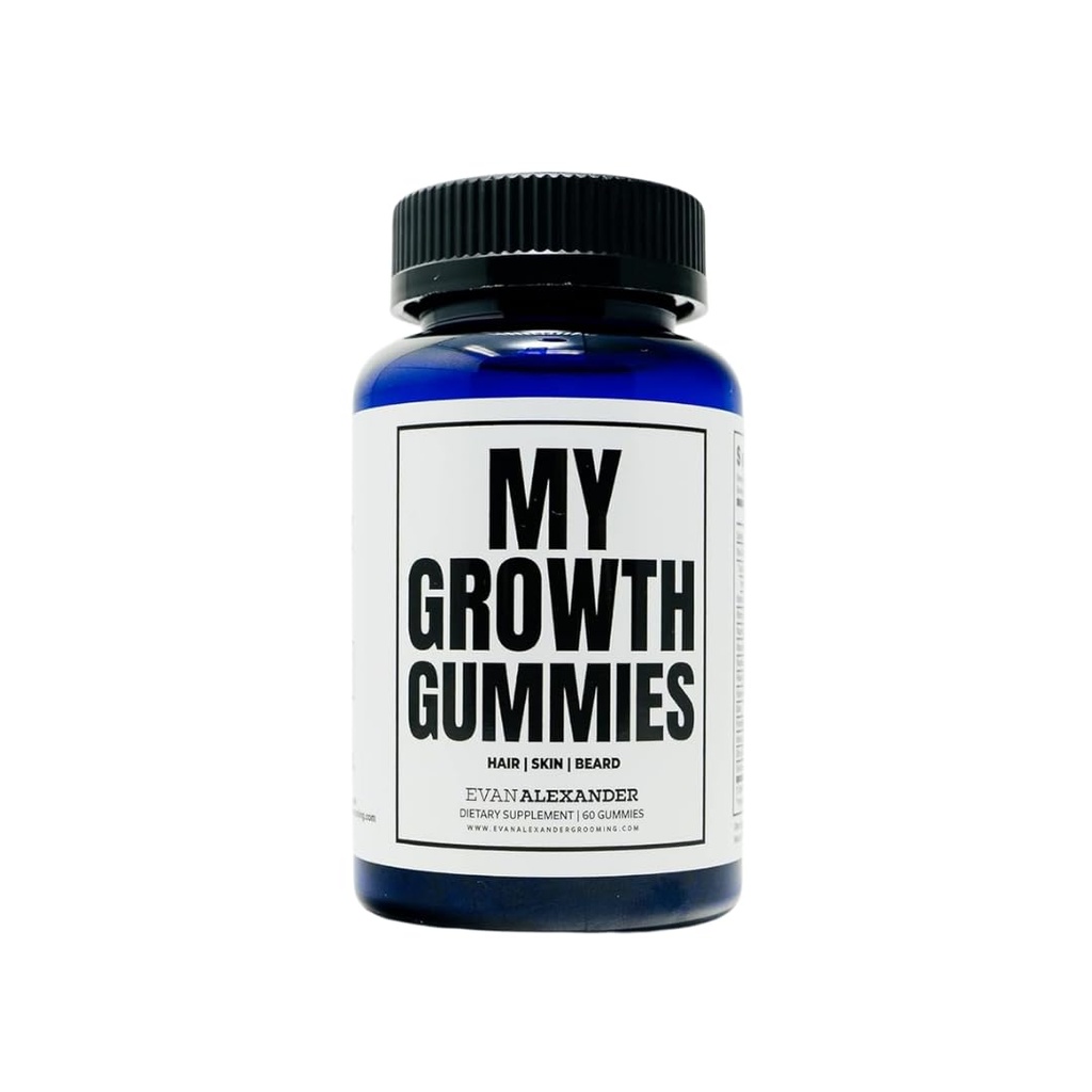 Evan Alexander Grooming My Growth Gummies ← Healthy Hair & Beard Growth Support TEN Stronger Hair Follicles " Better Skin TEN Strawberry & Coconut Flavor tóxico Vitaminas C, D3, B6, B12 " Biotin ← 60 Gummies