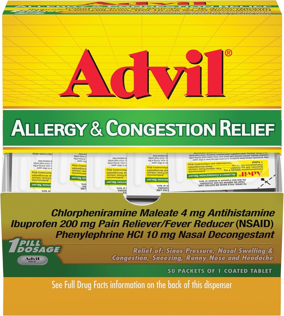 Alergia Advil y Alivio de Congestión, Alimentador de Dolor, Reductor de Fiebre y Alivio de Alergia con Ibuprofeno, Fenilefrina HCl y Clorpheniramina Maleato 4 mg - 50 Tablas Coadas