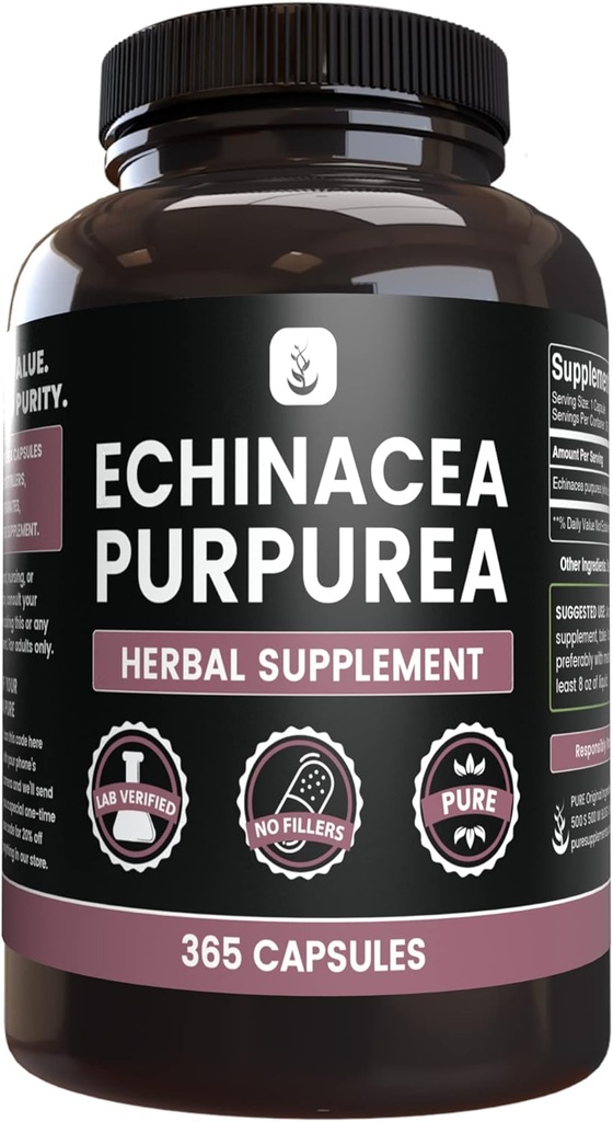 PURE ORIGINAL INGREDIENTES Echinacea Purpurea (365 capsules) No hay magnesio o rifles de arroz, siempre puro, lab Verificado