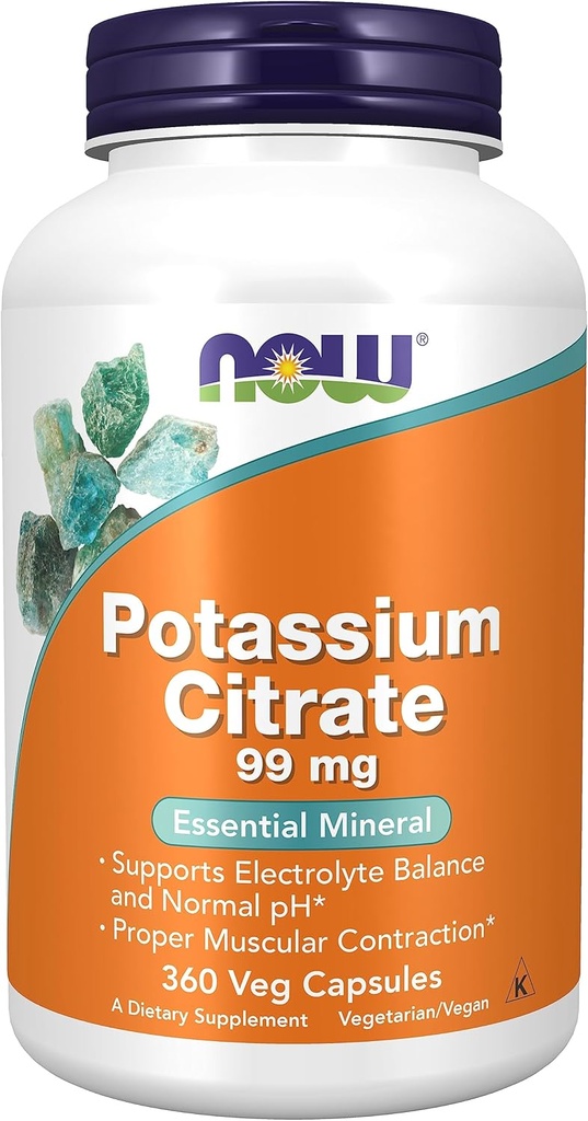 AHORA Alimentos, Citrato de potasio 99 mg, soporta equilibrio electrolito y pH normal*, Mineral esencial, cápsulas de 360 tazas