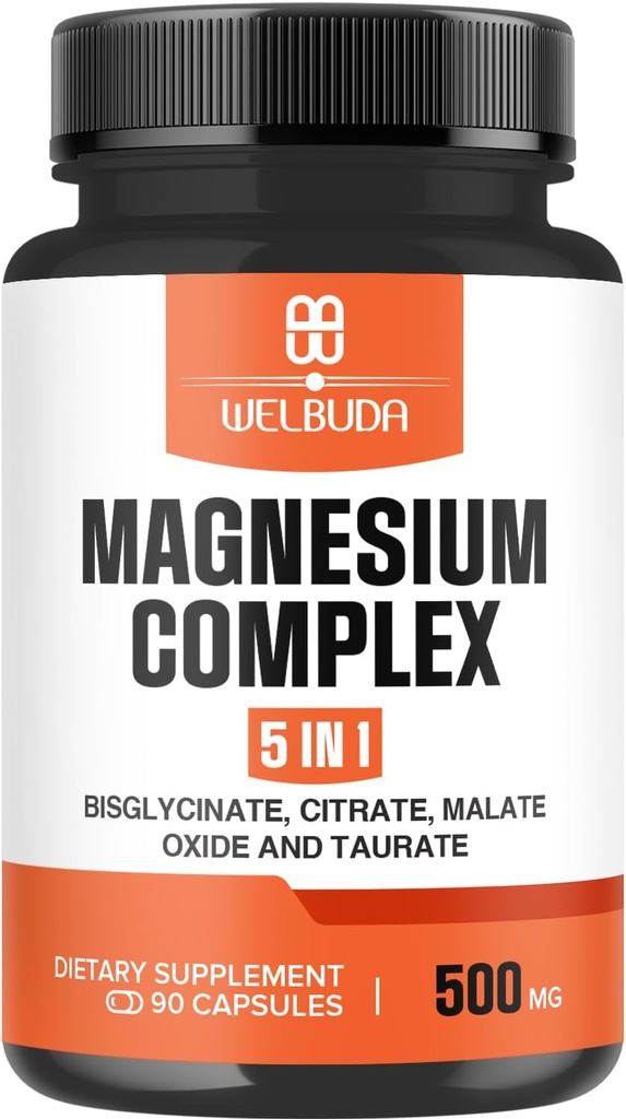 5in1 Magnesio Suplemento Complejo con 20% Purificado - 500 mg de Magnesio Bisglycinate, Citrate &amp; Más para el musculo, Relajación Mood, Bone Health &amp; Más - 90 cápsulas