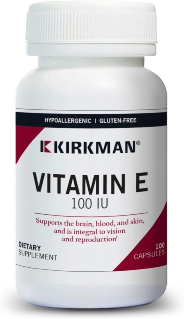 Kirkman Vitamina E 100 UI - Hypoallergenic ← 100 Vegetarian Capsules ← Soporta Immune System ← Gluten Free ← Casein Free ← Soja-Free