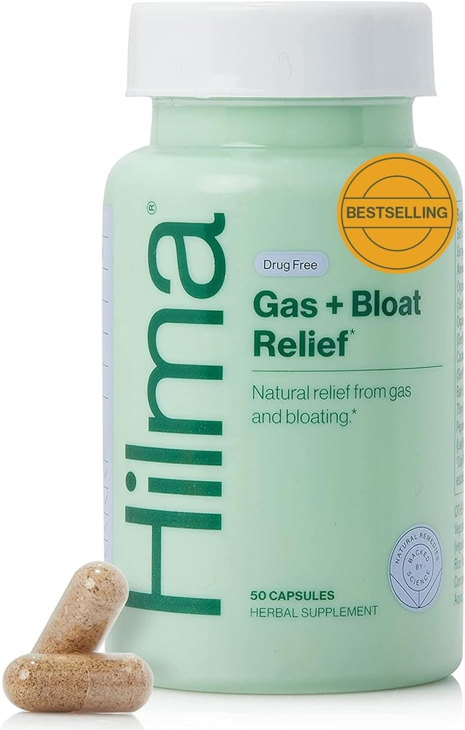 Hilma Natural Gas and Bloating Relief for Women, Doctor Formulated with Organic Ingredients, Lemon Balm, Fennel and Peppermint Leaf, 50 Vegan Capsules