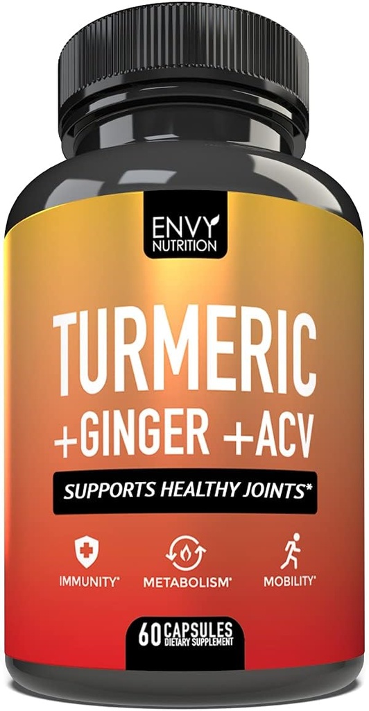 Envy Nutrition Turmeric &amp; Ginger Supplement Capsules with Apple Cider Vinegar - Immunity & Metabolism Support - 95% Curcuminoides, Bioperina (Pepper Negro) para Absorción Superior - 60 Caps