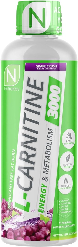 NutraKey L-Carnitine 3000mg, No Sugar, Gluten Free, Turn Into Fuel, (Grape Crush) 31 Servimientos