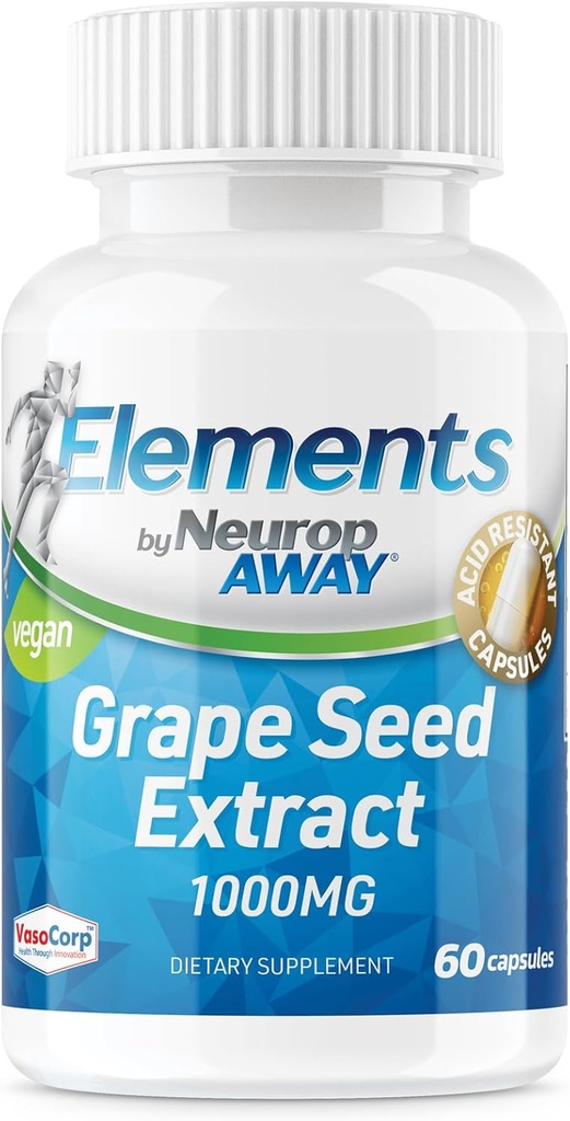 NeuropAWAY Elementos Grape Seed Extract 1000mg Por Serving (60 500mg Acid Resistant Capsules Por Bottle) Tercera Parte Tested Made in a cGMP Facility