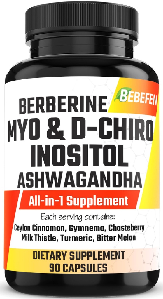 Myo-Inositol ' D-Chiro Inositol Capsules with Ashwagandha, Berberine, Cinnamon, Gymnema, Chasteberry, Milk Thistle, Turmeric, Bitter Melon - 90 Capsules