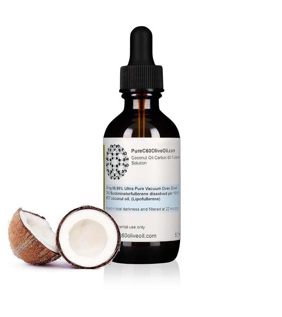 PureC60OliveOil C60 Organic MCT Coconut Oil 50ml / 1.7 Fl Oz - 99.95% Carbon 60 Solvent Free 20mg - Amber Glass Bottle - Grado de Alimentos - Carbono 60 MCT Coconut Oil - del productor mundial líder