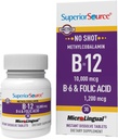 Fuente Superior No Shot Vitamin B-12 Methylcobalamin 10000 mcg, B-6 ' Folic Acid 1200 mcg - Apoya Cerebro & Corazón Salud - Ayudas Niveles de Energía Natural - 30 Tabletas de Dissolación Sublingual