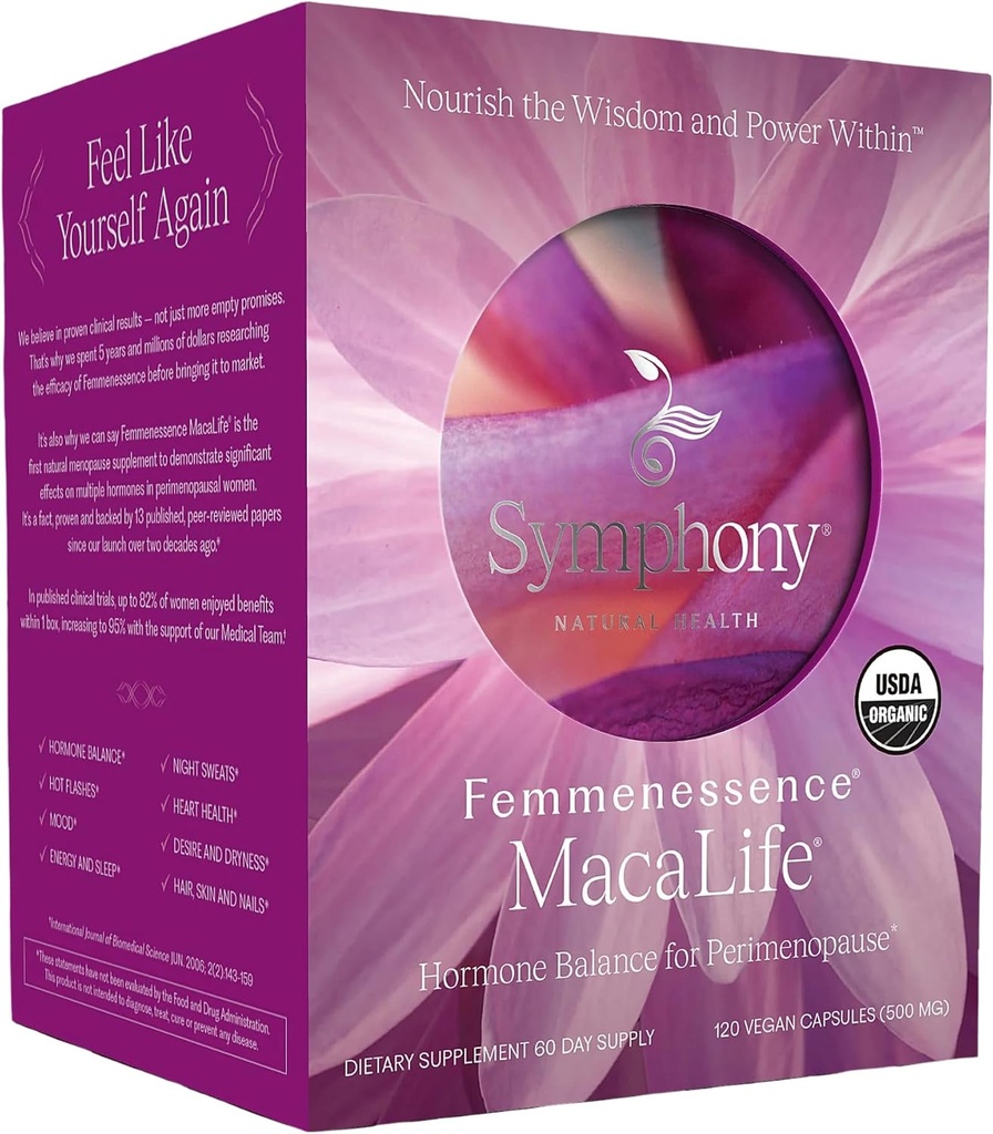 Femmenessence® MacaLife® – Suplemento Perimenopausal de Probada Clínica para Equilibrio de Hormonas Naturales, Alivio de Síntomas, Apoyo al Corazón " , Sin Hormonas Añadidos (120 cápsulas, 60 días de suministro)