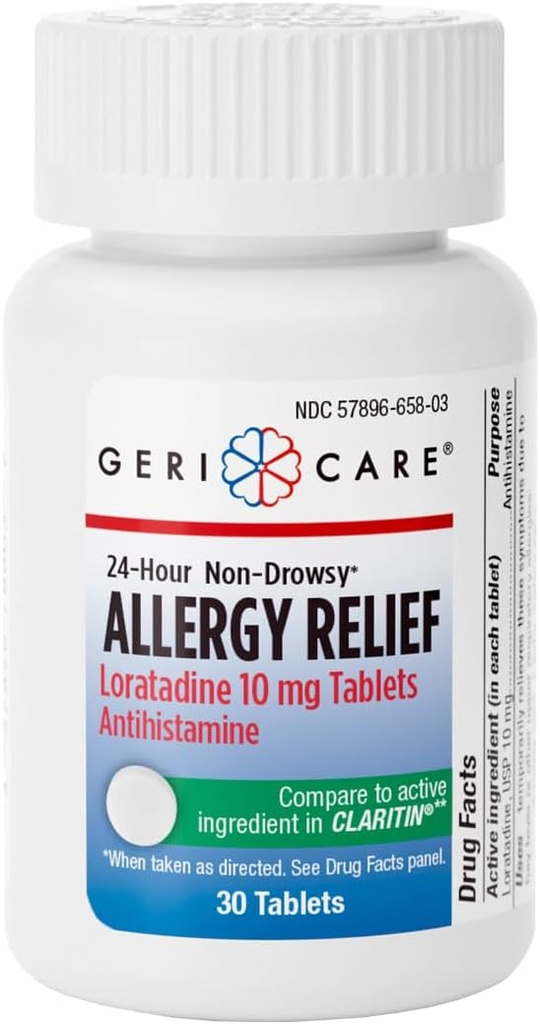GeriCare Loratadine 10mg Non-Drowsy 24-Hour Alergy Relief, Antihistamine Alergy/Sinus Support Tablets for Runny Nose, Sneezing, Itchy, 30 Count, 1 Pack.