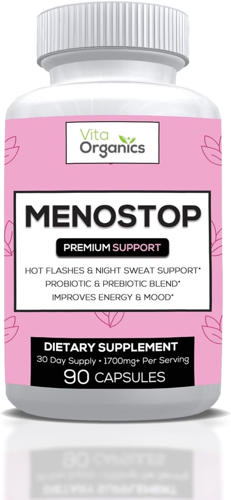 MenoStop - Flashes calientes y soporte de menopausia - Black Cohosh, Ashwagandha, Dong Quai, Prebiótico y Probiótico Blend - 30-Day Supply