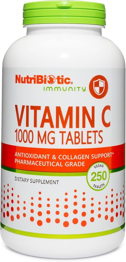 NutriBiotic - Vitamina C 1000 Mg, 250 Contar Tablas ← Inmune esencial " Colágeno antioxidante Apoyo Suplemento Silencio Farmacéutico Grado L-Ascorbic Acid ← Vegan, No GMO " Gluten Free