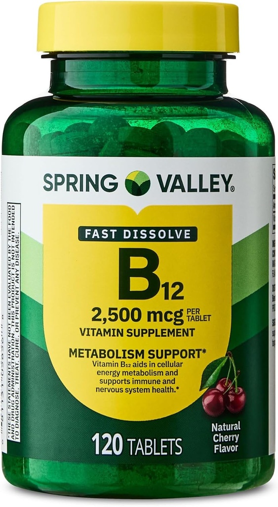 Vitamina B12 Tablas rápidas de resolución Suplemento dietético, 2.500 Mcg, cereza, 120 Contenedor y Contenedor de píldoras portátiles (2 artículos)