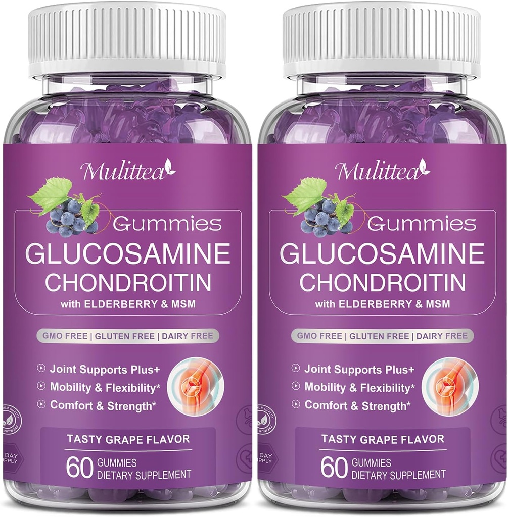 Mulittea Glucosamine Chondroitin Gummies - Extra Strength Joint Support Supplement with MSM " Elderberry for Natural Joint, Antioxidant Immune Support for Adults, Men " Women-Sugar-Free (2 Pack)
