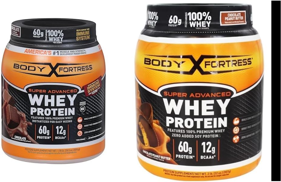 Fortaleza Corporal 100% Whey, Polvo Proteína Premium, Chocolate, 1.78lbs (Packaging May Vary) & 100% Whey, Polvo Protein Premium, mantequilla de maní de chocolate, 1.78lbs (Packaging May Vary)