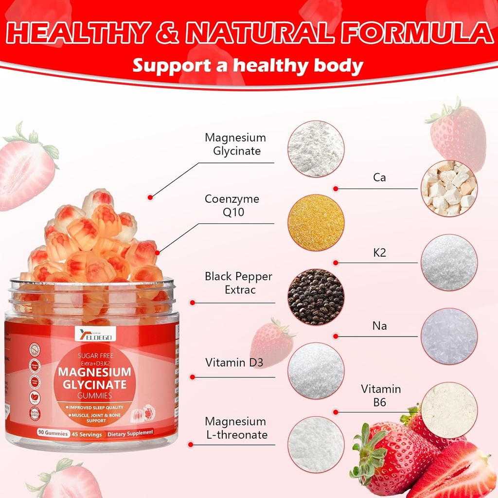 Magnesio Glycinate Gummies 600mg para adultos, azúcar suplemento de potasio libre de magnesio con Magnesio Malate, Vitamina D3, K2, B6, y CoQ10 para calma, sueño, apoyo muscular - Fresa, 90 Conde