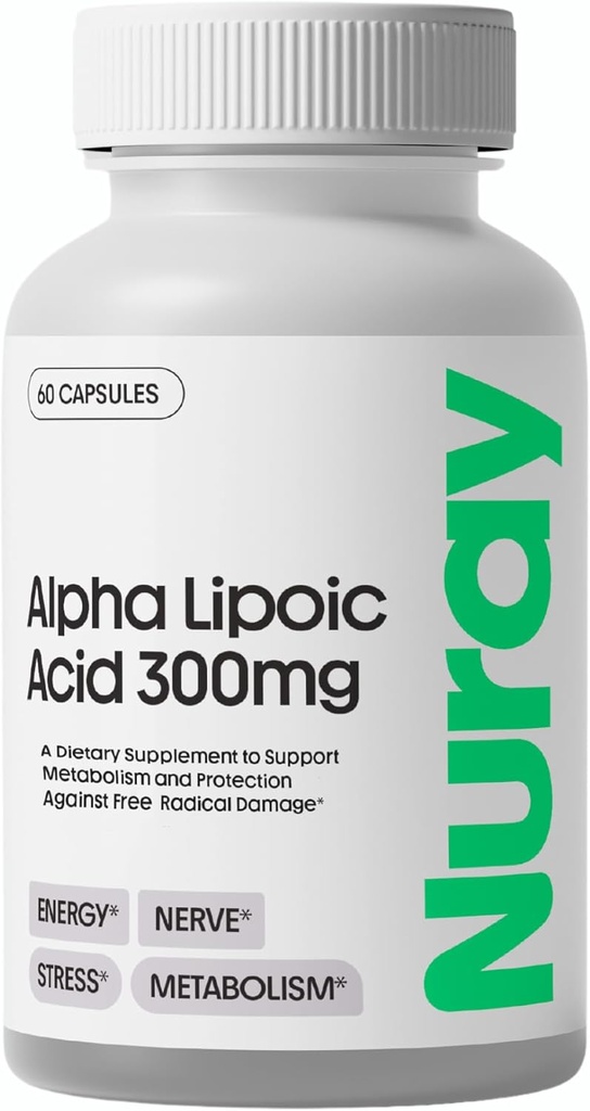 Nuray Alpha Lipoic Acid 300mg - Suplemento Antioxidante para el envejecimiento saludable, apoya la producción de energía, función adecuada del nervio, metabolismo - 60 cápsulas vegetarianas, suplemento dietético libre de gluten