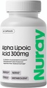 Nuray Alpha Lipoic Acid 300mg - Suplemento Antioxidante para el envejecimiento saludable, apoya la producción de energía, función adecuada del nervio, metabolismo - 60 cápsulas vegetarianas, suplemento dietético libre de gluten