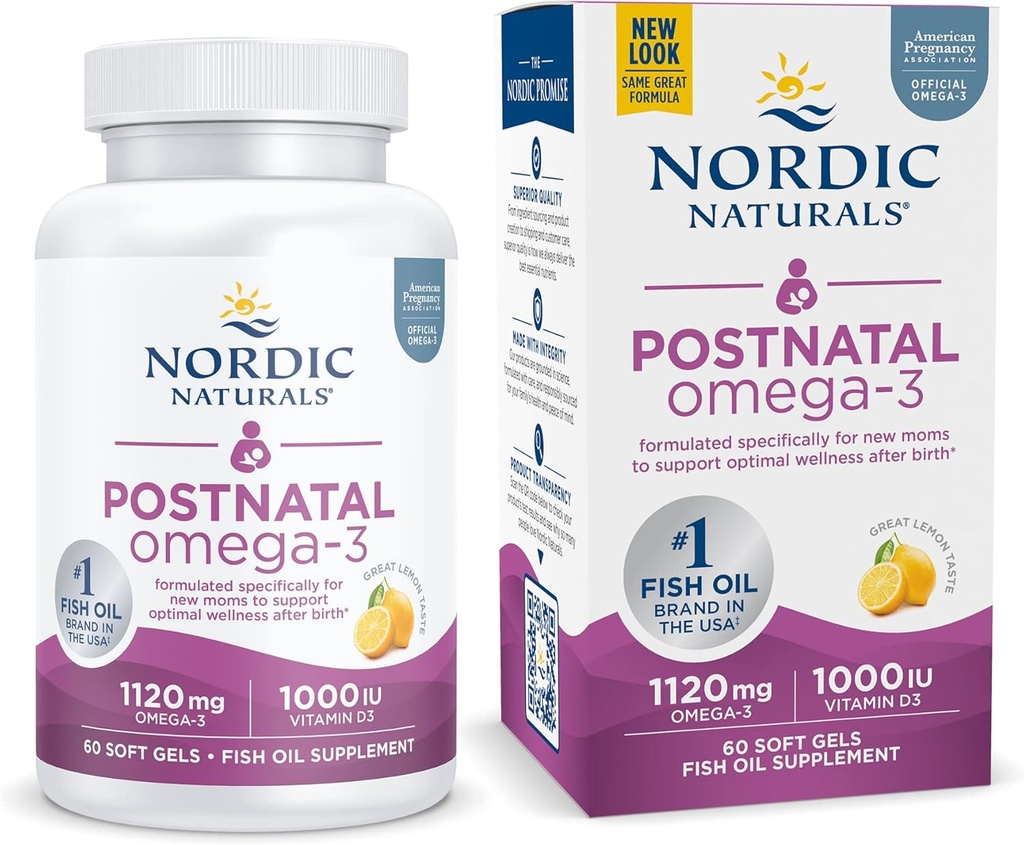 Naturales Nórdicos Postnatal Omega-3, Lemon - 60 geles suaves - 1120 Total Omega-3 + 1000 UI Vitamina D3 - Formulado para las nuevas madres; apoya el bienestar óptimo, el humor positivo, el metabolismo saludable - 30 servicios