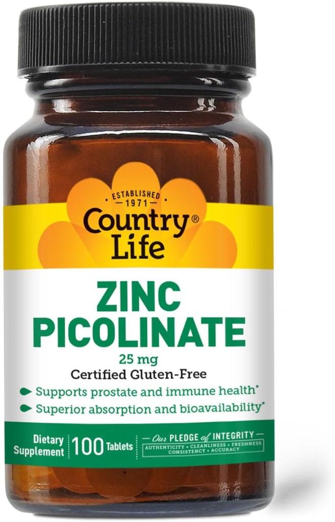 Country Life Zinc Picolinate 25 mg - Suplemento de Zinc de Absorción Superior para Apoyo Inmunitario, Salud Prostata y Bienestar Celular - Gluten certificado, Vegan & Halal, No GMO - 100 Cuadros