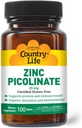 Country Life Zinc Picolinate 25 mg - Suplemento de Zinc de Absorción Superior para Apoyo Inmunitario, Salud Prostata y Bienestar Celular - Gluten certificado, Vegan & Halal, No GMO - 100 Cuadros