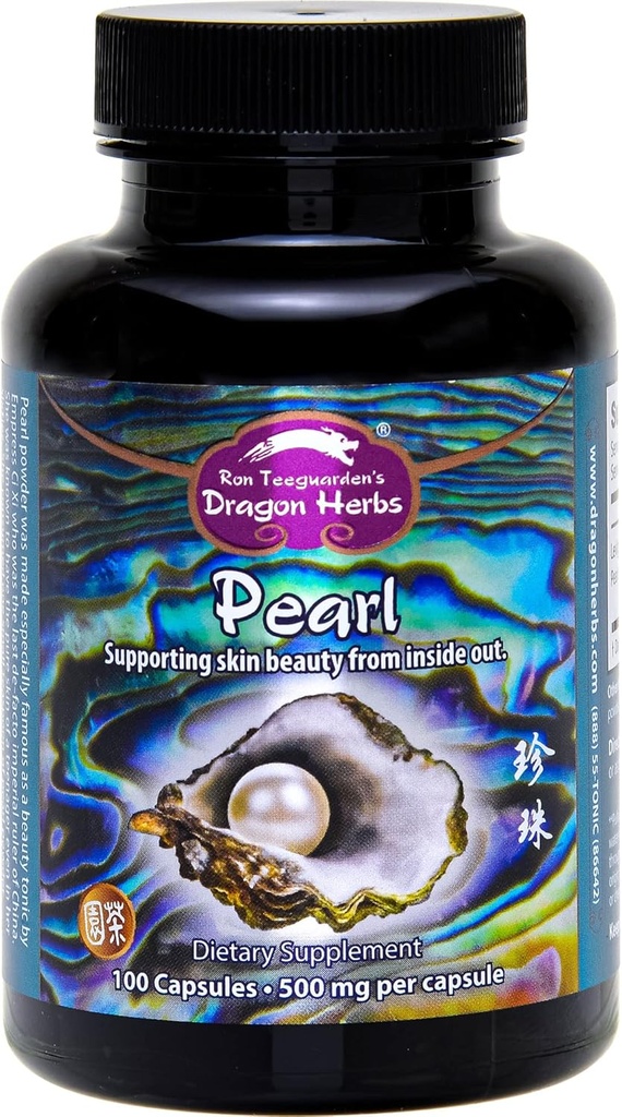 Dragon Herbs Pearl Powder Capsules - Pure Pearl Powder Suplemento de soporte Skin, Eyes, Nails, Beauty ← Todos los ingredientes naturales, Non-GMO (100 cápsulas, 500 mg por cápsula)