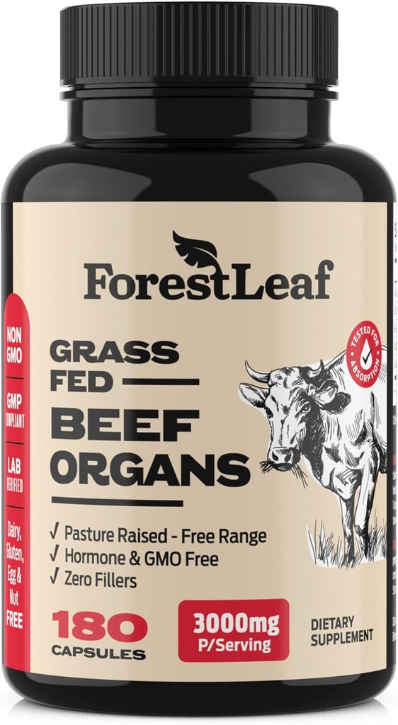 ForestLeaf Beef Organ Supplement - Grass Fed & Pasture Raised - Total Body Wellness & Performance, Organ Complex with 3000mg of Desiccated Beef Liver, Heart, Kidney, Pancreas, Spleen (180 cápsulas)