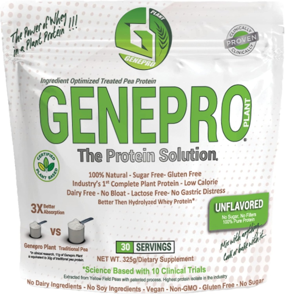 Genepro Unflavored Plant Based Protein Powder - Lactose-Free, Gluten-Free, " Non-GMO Pea Protein Supplement Shake (30 Servings)