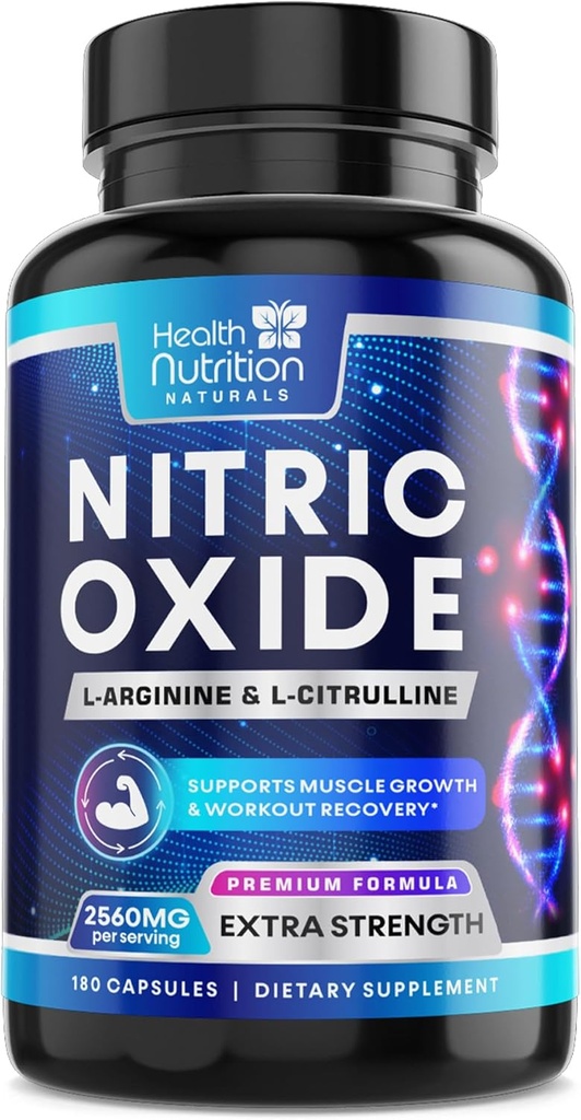 Nitric Oxide Booster 2560mg - Extra Strength L Arginine & Citrulline Suplemento para Hombres " Mujeres - Premium Muscle Supporting Nitric Booster - Natural Energy " Heart Health Support - 180 Capsules