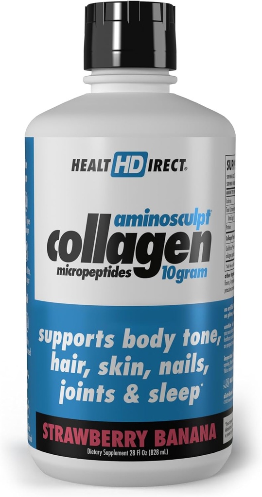 HEALTH DIRECT – AminoSculpt Liquid Collagen Micropeptides – 28 FL Oz – 28 Serviciones – 10 Gramos de Premium Medical-Grade Liquid Collagen for Women – Strawberry Banana
