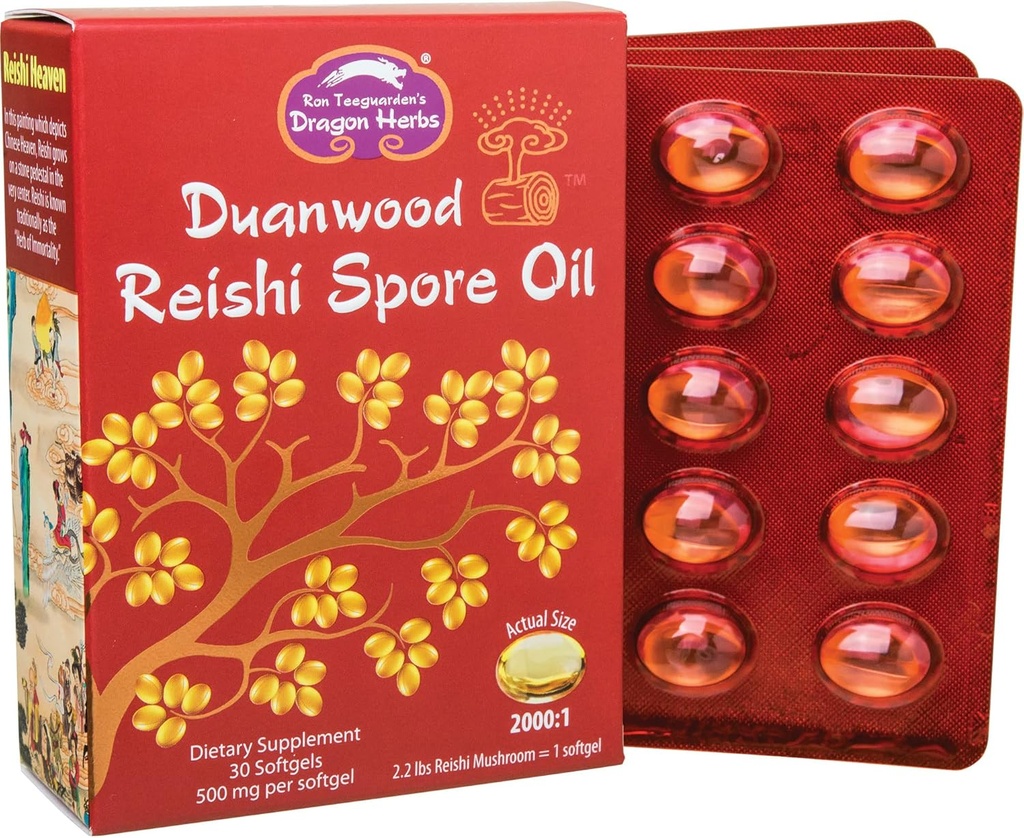Herbs Dragón - Duanwood Reishi Spore Oil Softgel Capsules - 30 Softgels, 500 mg cada uno
