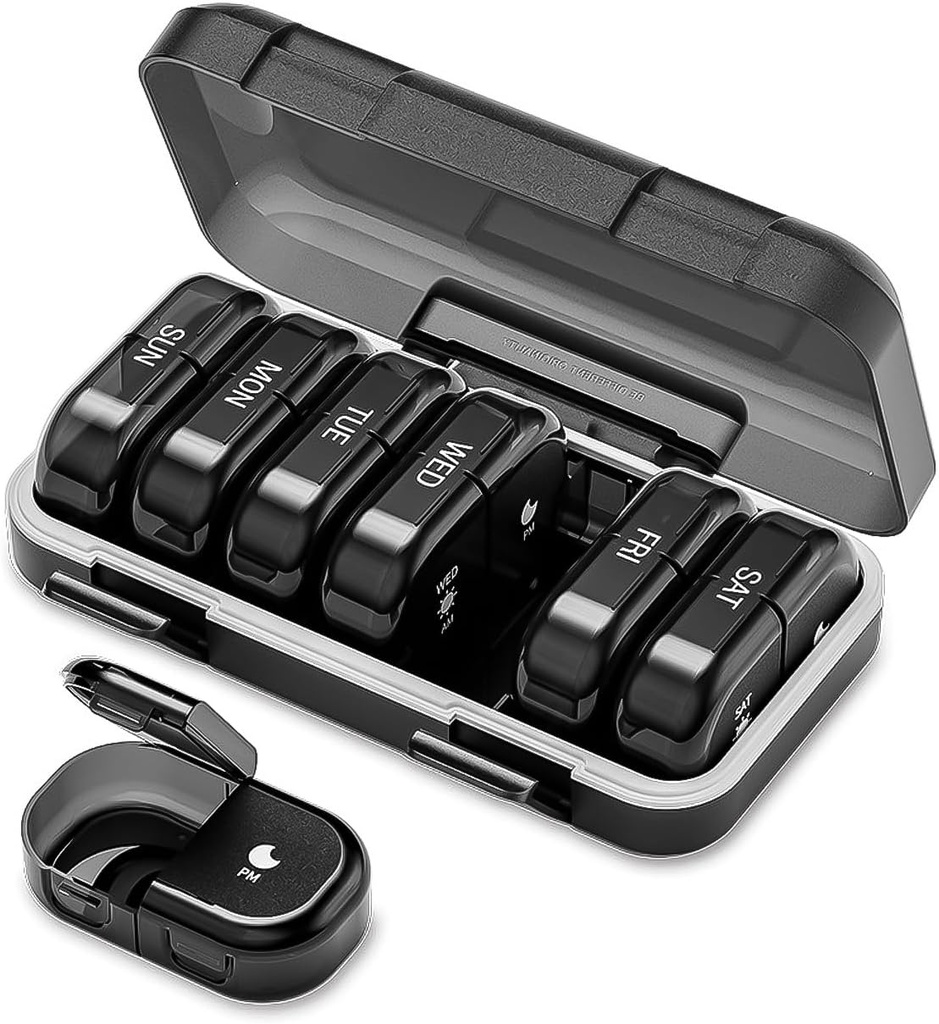 Organizador semanal de píldoras 2 veces al día, AM PM Organizador de píldoras 7 días, Portable Pill Case 14 días, Moisture Proof Large Pill Dispenser, Large Travel Pill Box for Vitamins Supplements (Black)