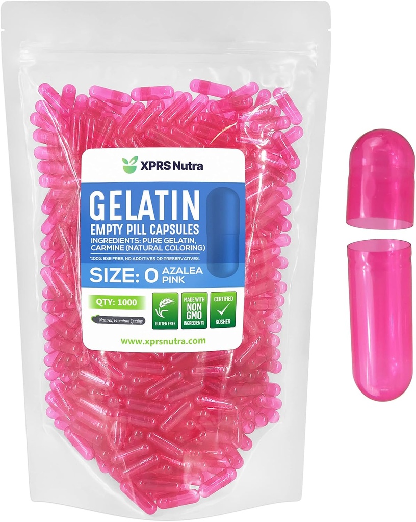 XPRS Nutra Size 0 Empty Capsules - 1000 Count Empty Gelatin Capsules - Pills DIY Capsule Filling - Pure Bovine Pill Gel Caps for Do-It-Yourself Supplements (Azalea Pink)